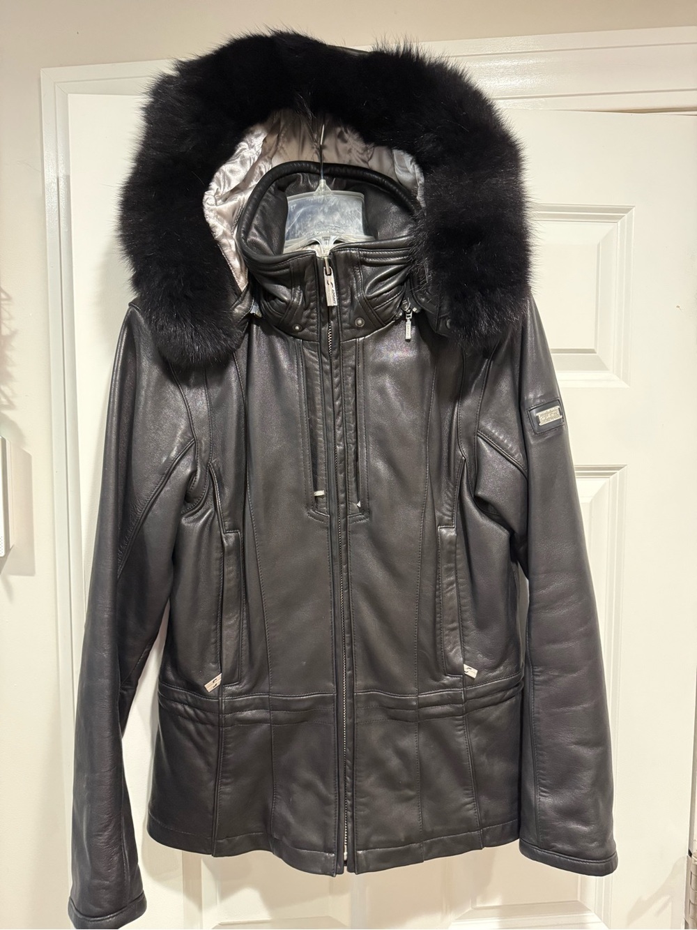 WOMEN'S Spyder Black Leather Hooded Coat with Faux Fur Trim